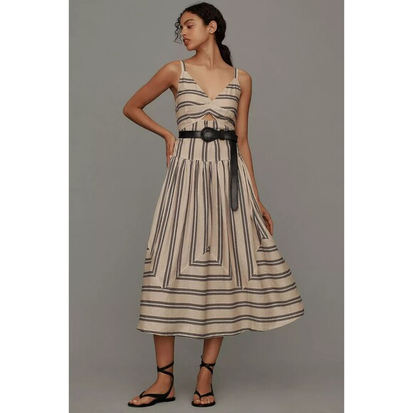 Anthropologie Plenty Linen Fit & Flare Midi Dress L Beige Striped Cutout Tiered - Picture 2 of 16